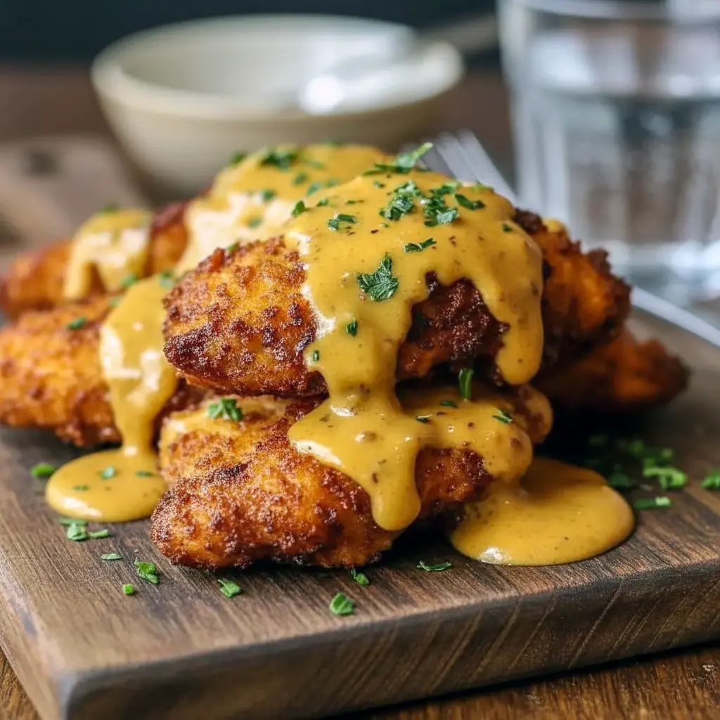 Golden, crunchy Pretzel Chicken breast sliced and topped with creamy mustard-cheddar sauce, plated for a cozy Family Dinner.