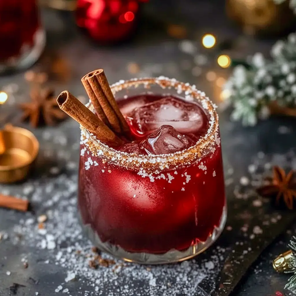 Spiced Christmas Margarita in a rocks glass with cinnamon-sugar rim, rosemary sprig, and pomegranate seeds, Christmas Drinks Recipes.