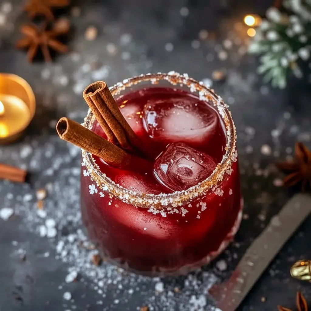 Spiced Christmas Margarita in a rocks glass with cinnamon-sugar rim, rosemary sprig, and pomegranate seeds.