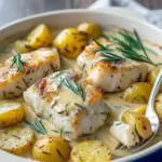 Flaky cod fillet on roasted potatoes topped with creamy rosemary-lemon sauce.