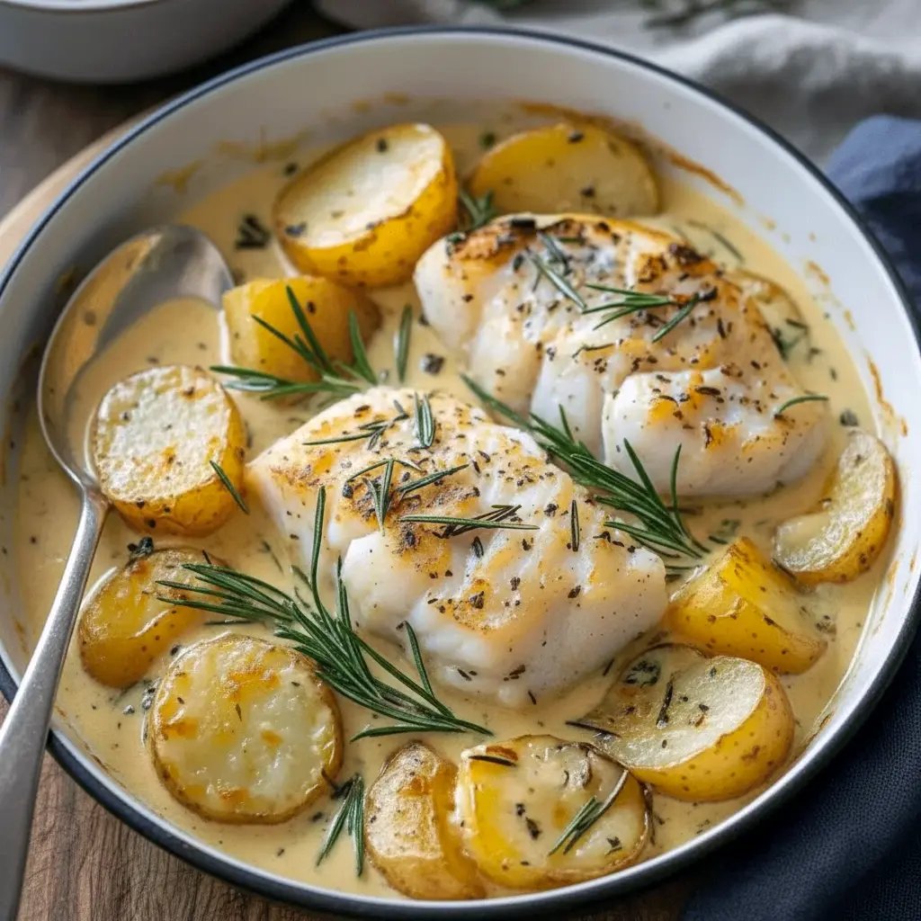 Flaky cod fillet on roasted potatoes topped with creamy rosemary-lemon sauce, Baked Cod And Potatoes.