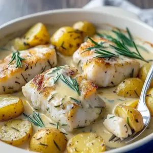 Flaky cod fillet on roasted potatoes topped with creamy rosemary-lemon sauce.