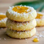 Close-up of a tropical thumbprint cookie with pineapple jam and toasted coconut, a tasty and Pineapple Dessert Easy treat that pairs surprisingly well with a playful Butterbeer Recipe on a themed dessert table.