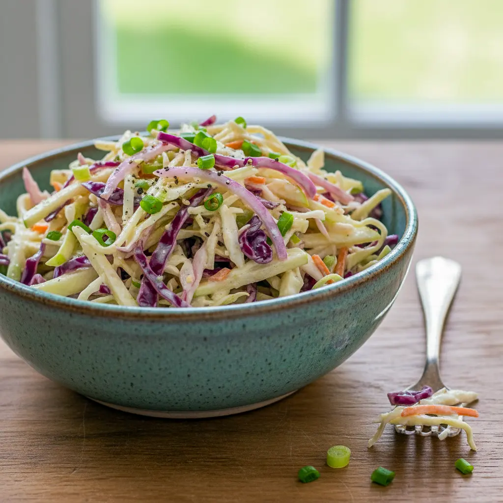 Close-up of a white bowl filled with crisp apple coleslaw: shredded cabbage, matchstick apples, celery, and green onions tossed in a warm apple-cider dressing, ready for serving, Apples In Salad.