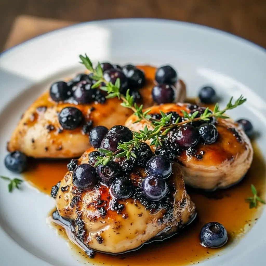 Close-up of tender Blueberry Thyme Chicken glazed in a rich blueberry-thyme sauce, plated with fresh herbs and styled for Fruit And Meat Recipes, Blueberry Chicken Recipes, and Blueberry Dinner Recipes, with visual inspiration similar to Nyt Recipes, Inspired Taste Recipes, Blue Recipes, Period Dinner Ideas, and American Test Kitchen Recipes.
