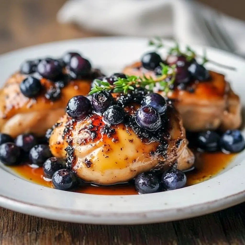 Close-up of tender Blueberry Thyme Chicken glazed in a rich blueberry-thyme sauce, plated with fresh herbs and styled for Fruit And Meat Recipes, Blueberry Chicken Recipes, and Blueberry Dinner Recipes, with visual inspiration similar to Nyt Recipes, Inspired Taste Recipes, Blue Recipes, Period Dinner Ideas, and American Test Kitchen Recipes.