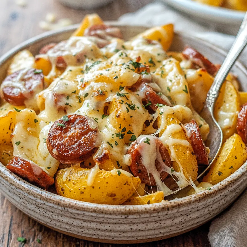 Sheet-pan of golden, cheesy potatoes studded with browned smoked sausage, melted cheddar, and fresh parsley — an easy, hearty weeknight meal, Cheesy Ranch Potatoes.