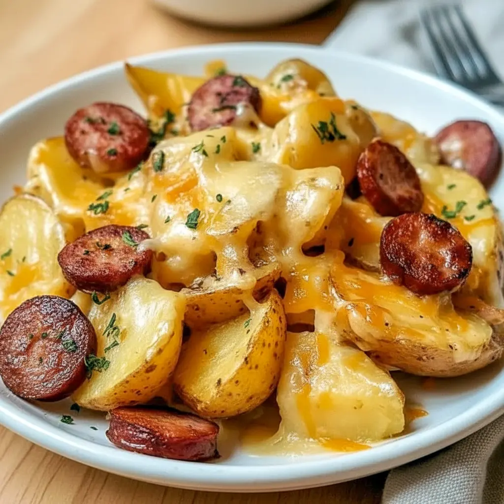 Sheet-pan of golden, cheesy potatoes studded with browned smoked sausage, melted cheddar, and fresh parsley — an easy, hearty weeknight meal.