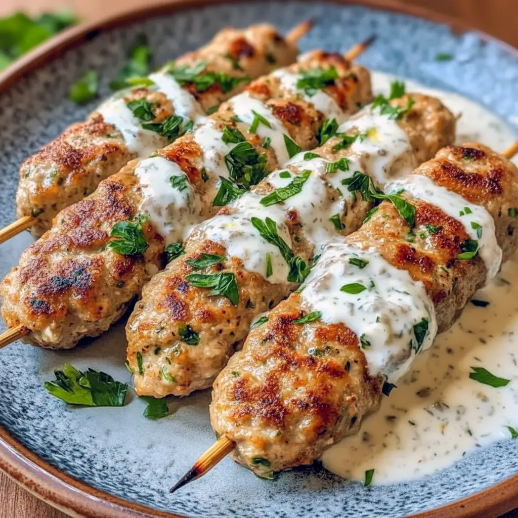 Grilled chicken kofta on a platter with garlic-yogurt sauce, pita and herbs — ideal for Healthy Weeknight Meals Families, a tasty Healthy Dinner Ground Chicken choice, served in a Vessel Kitchen Copycat Recipes style, with a nod to Ground Chicken Recipes Greek, Healthy Meals For Party.