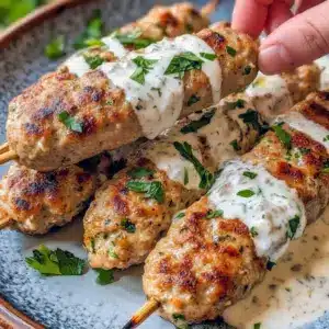 Grilled chicken kofta on a platter with garlic-yogurt sauce, pita and herbs — ideal for Healthy Weeknight Meals Families, a tasty Healthy Dinner Ground Chicken choice, served in a Vessel Kitchen Copycat Recipes style, with a nod to Ground Chicken Recipes Greek.