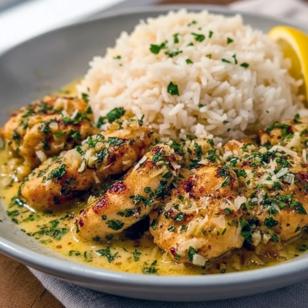 Plate of golden seared chicken scampi served over creamy garlic Parmesan rice, styled for Best Quick Dinner Recipes, capturing a cozy yet elevated meal ideal for Dinner Recipes Romantic, Fast And Easy Chicken Dinner Recipes, hearty Dinner Ideas For Men, flavorful Chicken Breast Recipes Rice, weeknight-friendly Supper Ideas Chicken, elegant Special Dinner Recipes, simple Lite Dinner Ideas, and comforting Dinner With Chicken.