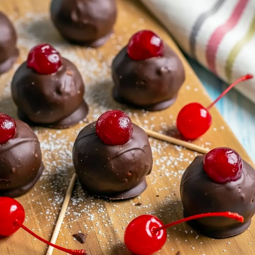 Close-up of glossy Chocolate Cherry Bourbon Balls topped with candied cherries — the perfect Cherry Balls Christmas treat for festive dessert tables and Holiday Snack Gifts.