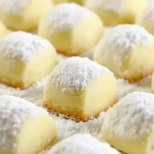 Powdered sugar–dusted butter cookies on a festive plate, showing the tender, crumbly texture and golden edges — perfect holiday melt-in-your-mouth treats, Melt In Your Mouth Cookies.