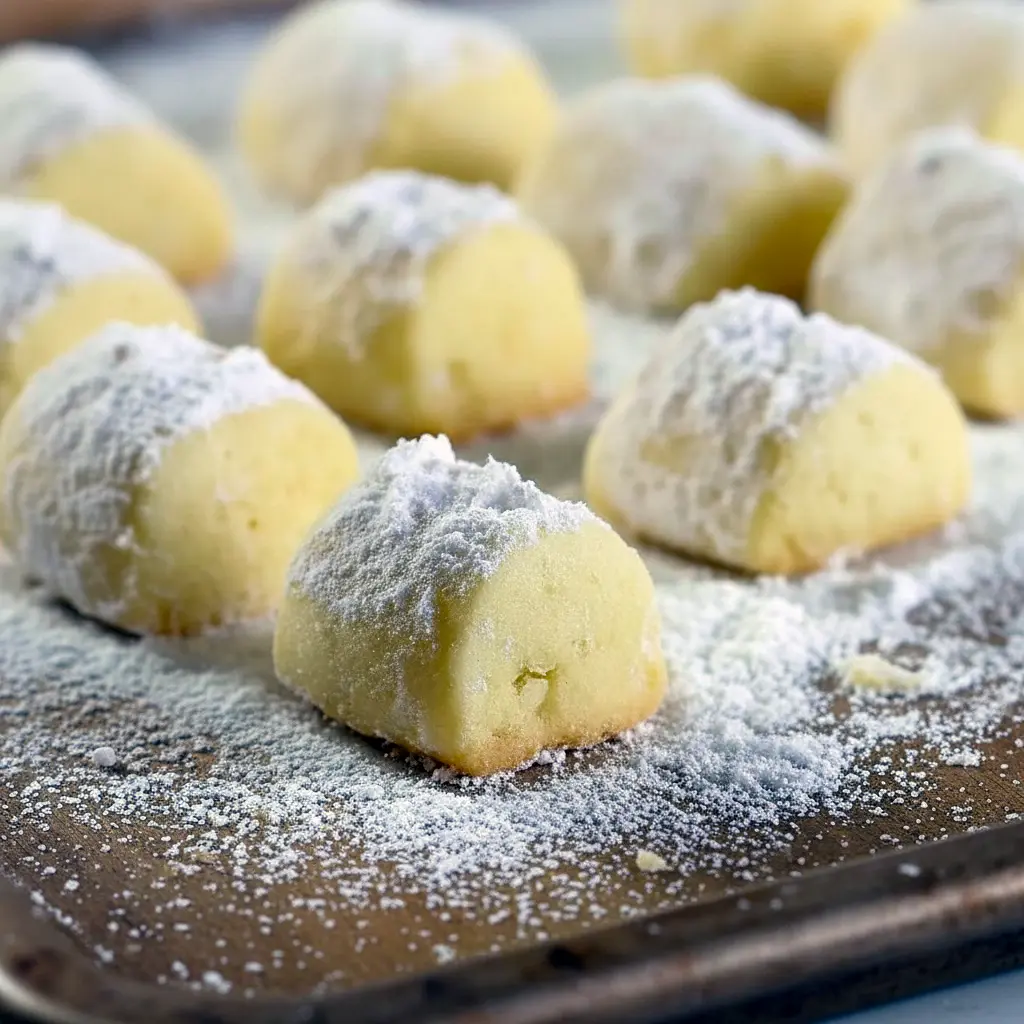 Powdered sugar–dusted butter cookies on a festive plate, showing the tender, crumbly texture and golden edges — perfect holiday melt-in-your-mouth treats, Melt In Your Mouth Cookies.