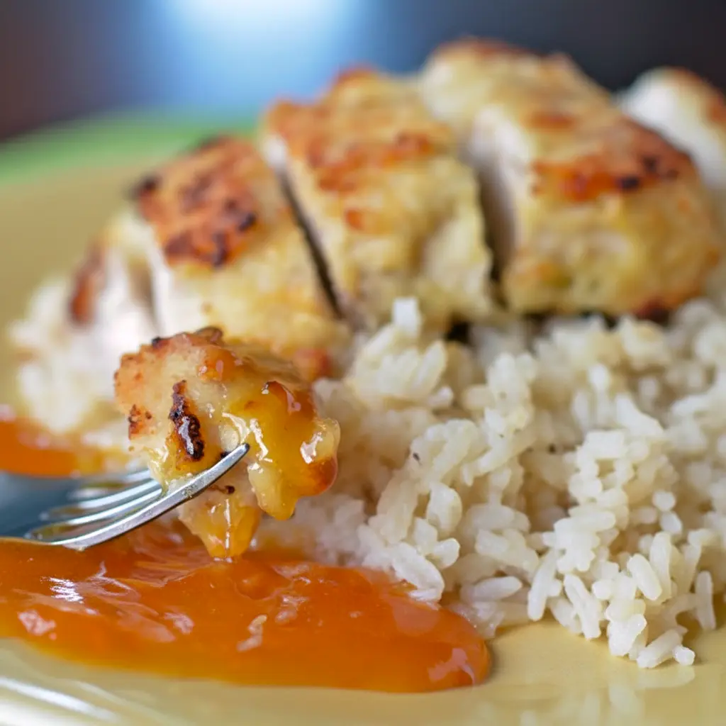 Golden crispy Coconut Chicken served with a glossy apricot mustard dipping sauce on a plate with rice, a delicious twist on Chicken Dinner Recipes, inspired by tropical Apricot Recipes and restaurant-style Chicken Main Dishes, perfect for Poultry Recipes lovers looking for simple Chicken Dishes Recipes, easy Main Meals, and fun alternatives to Turkey Recipes, similar to a homemade Pollo Loco meal.