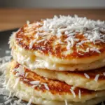 Stack of golden coconut pancakes with toasted flakes and syrup — a quick Breakfast Treats idea, adaptable as Vegane Rezepte, and ideal for your Brunch Recipes board.