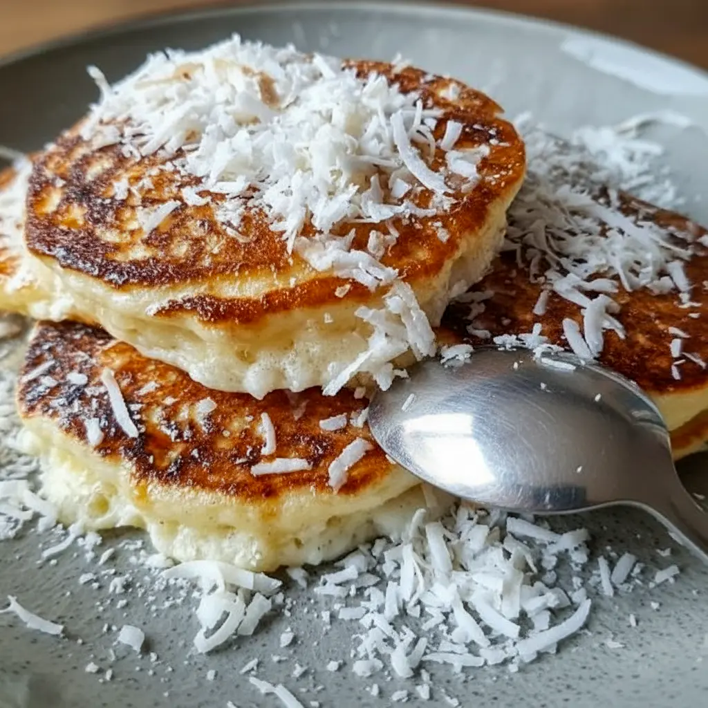 Stack of golden coconut pancakes with toasted flakes and syrup — a quick Breakfast Treats idea, adaptable as Vegane Rezepte, and ideal for your Brunch Recipes board.