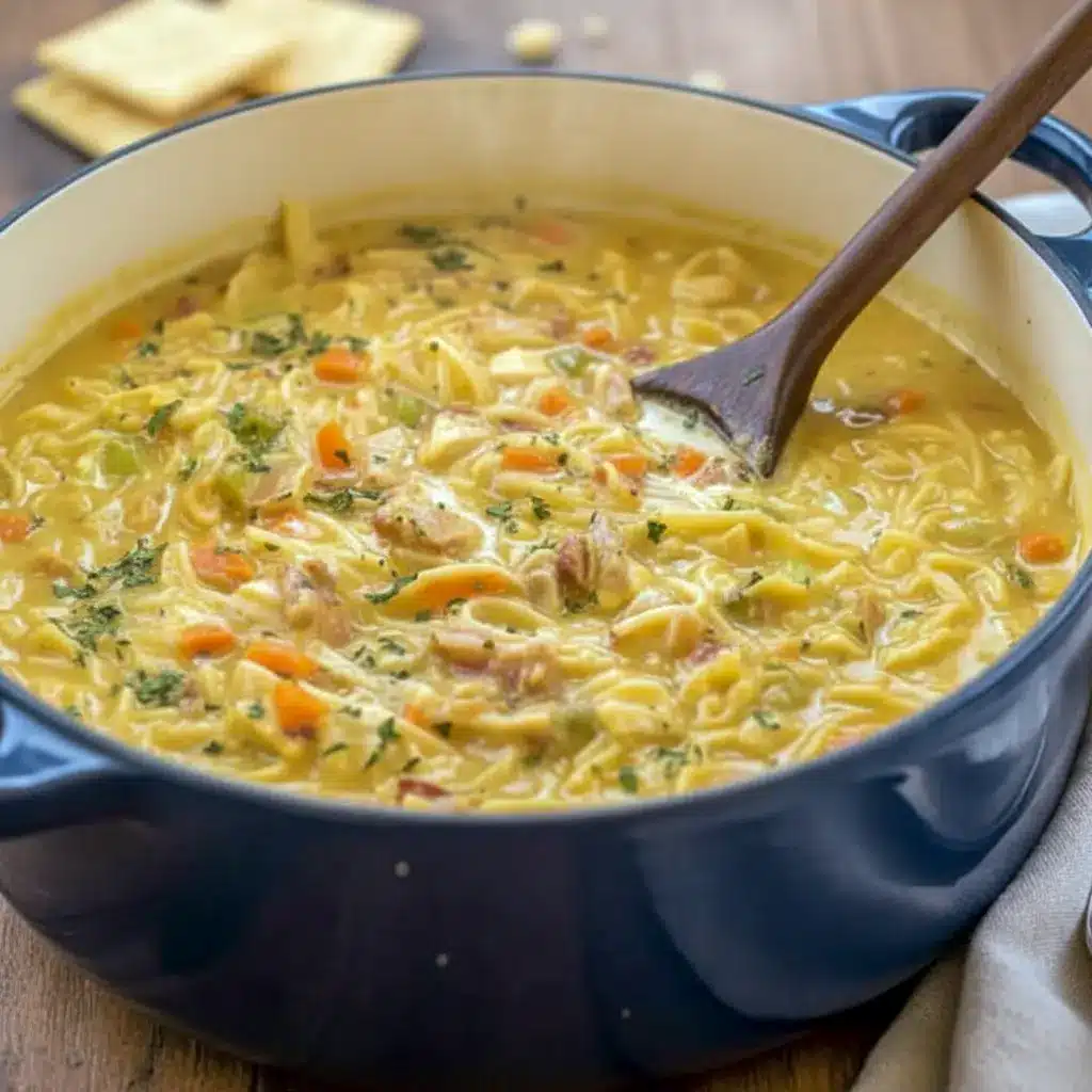 Bowl of creamy crack chicken noodle soup topped with crispy bacon, melted cheddar, and chopped parsley, ready to spoon, Dinner Ideas For A Cold Night.