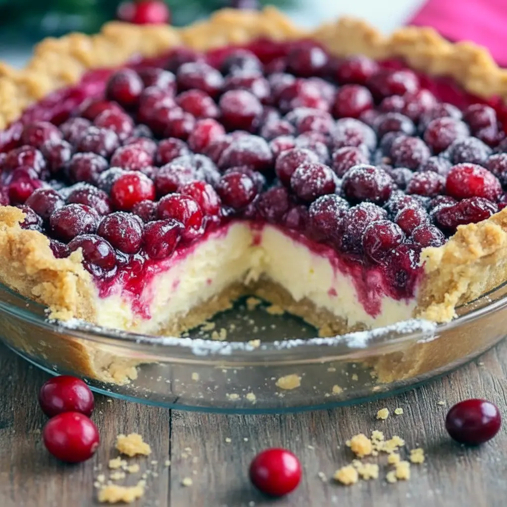 Slice of festive pie on a plate, garnished with fresh cranberries and orange zest — a top Cranberry Recipes pick for Noel Christmas menus and a classic Pie Dessert shot, Cranberry Cheesecake Pie.