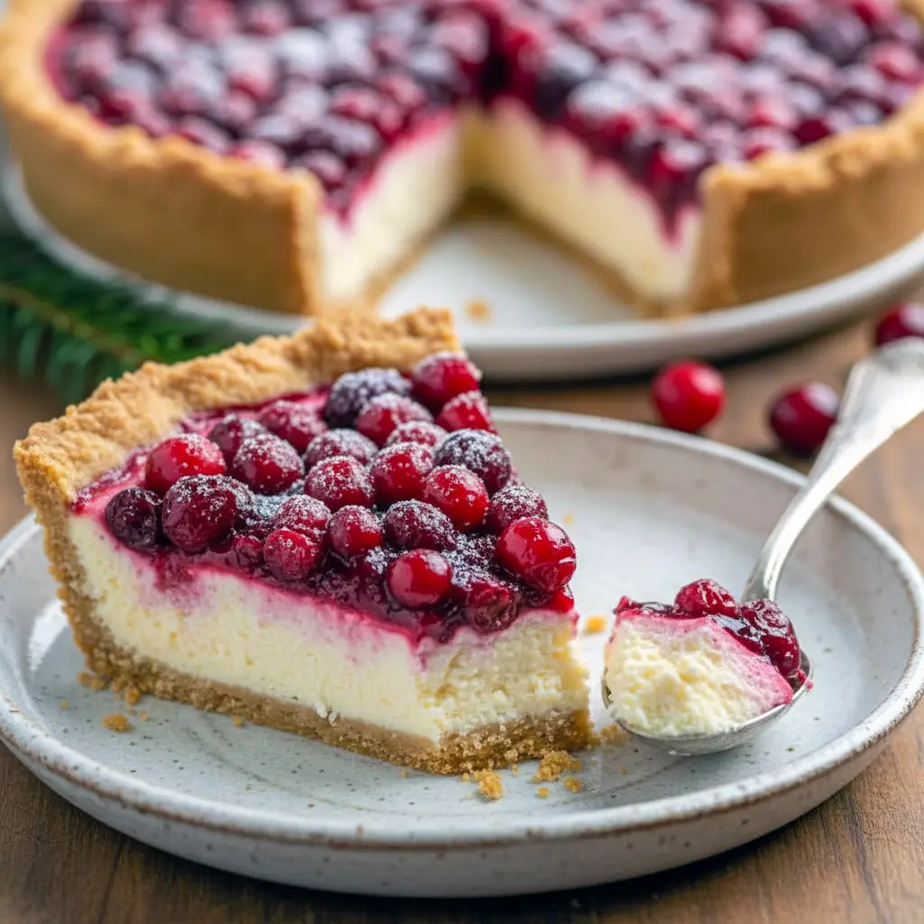 Slice of festive pie on a plate, garnished with fresh cranberries and orange zest — a top Cranberry Recipes pick for Noel Christmas menus and a classic Pie Dessert shot, Cranberry Cheesecake Pie.