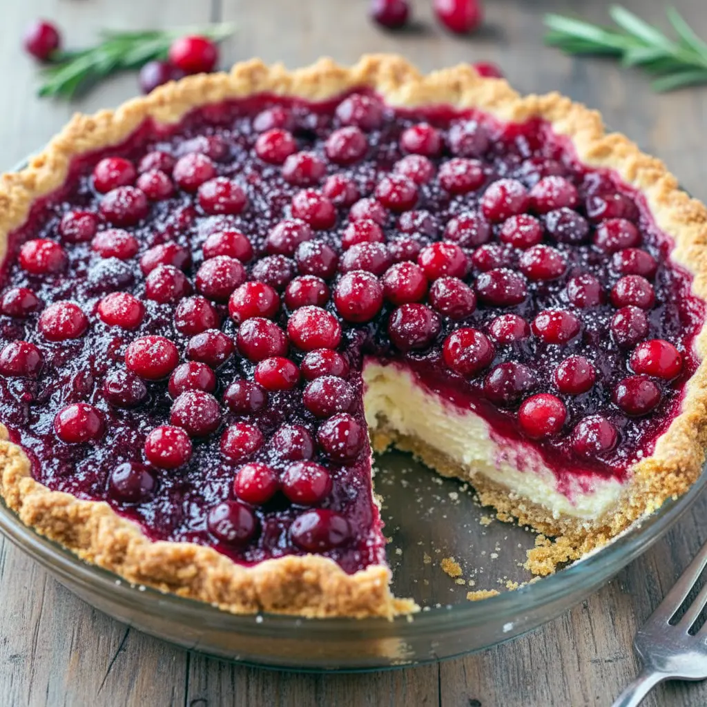 Slice of festive pie on a plate, garnished with fresh cranberries and orange zest — a top Cranberry Recipes pick for Noel Christmas menus and a classic Pie Dessert shot, Cranberry Cheesecake Pie.