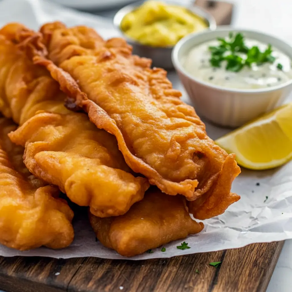Golden fillets with a super-crispy coating on a wire rack, served with lemon wedges and a bowl of tartar sauce.