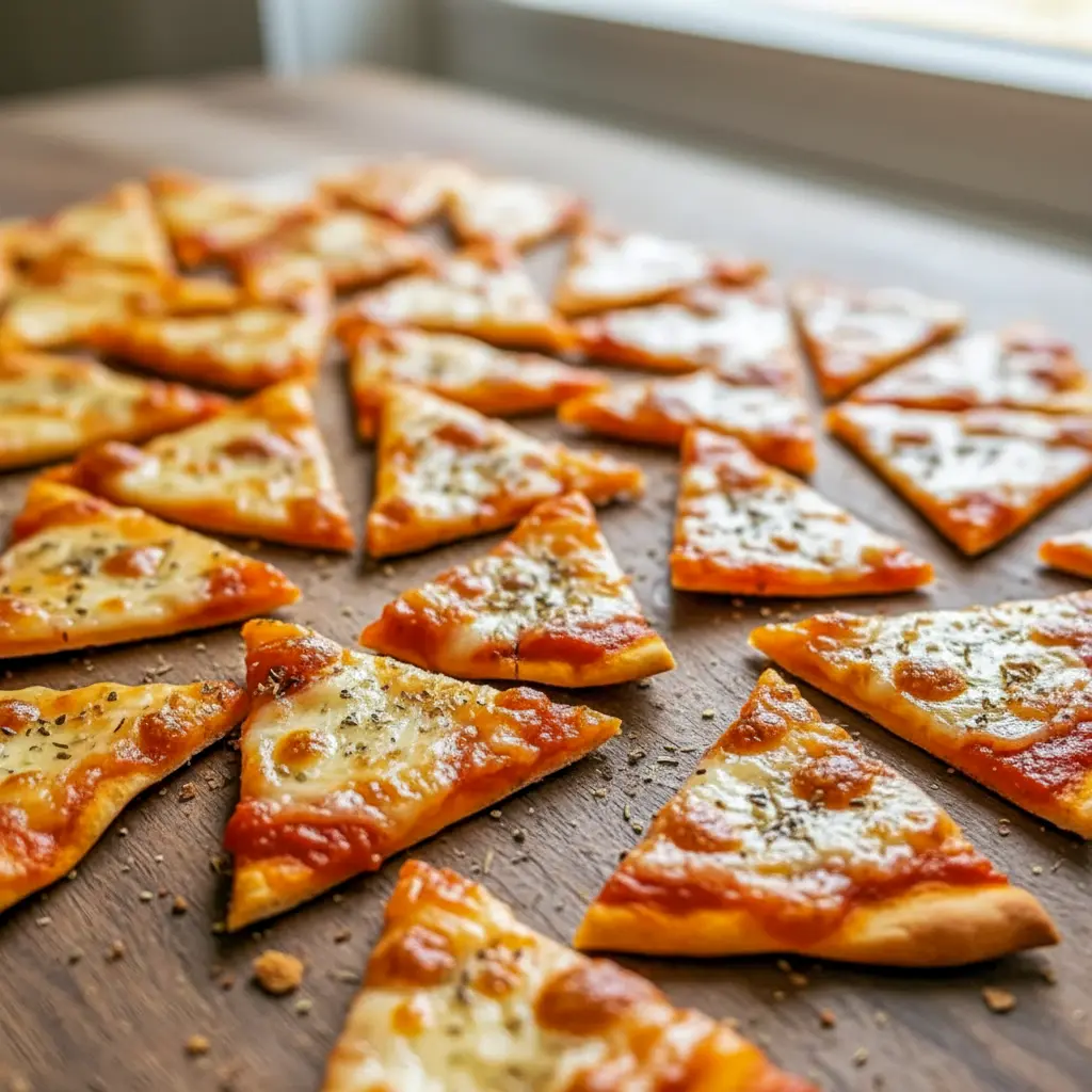 Easy Snack For Party — golden crispy pizza chips topped with melted cheese and pepperoni, served on a wooden board.