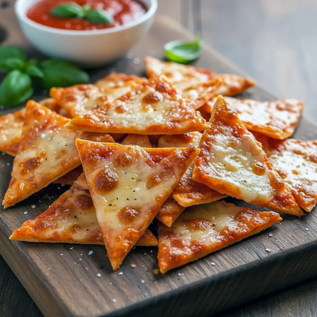 Easy Snack For Party — golden crispy pizza chips topped with melted cheese and pepperoni, served on a wooden board.