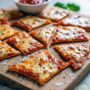 Easy Snack For Party — golden crispy pizza chips topped with melted cheese and pepperoni, served on a wooden board.