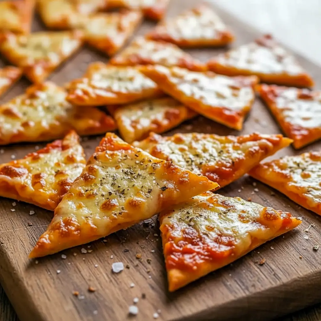 Easy Snack For Party — golden crispy pizza chips topped with melted cheese and pepperoni, served on a wooden board.