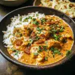 A bowl of creamy Tikka Marsala Chicken simmered in coconut sauce, topped with fresh cilantro and served over rice — the perfect comfort meal from the Tikka Masala Recipe Authentic collection.