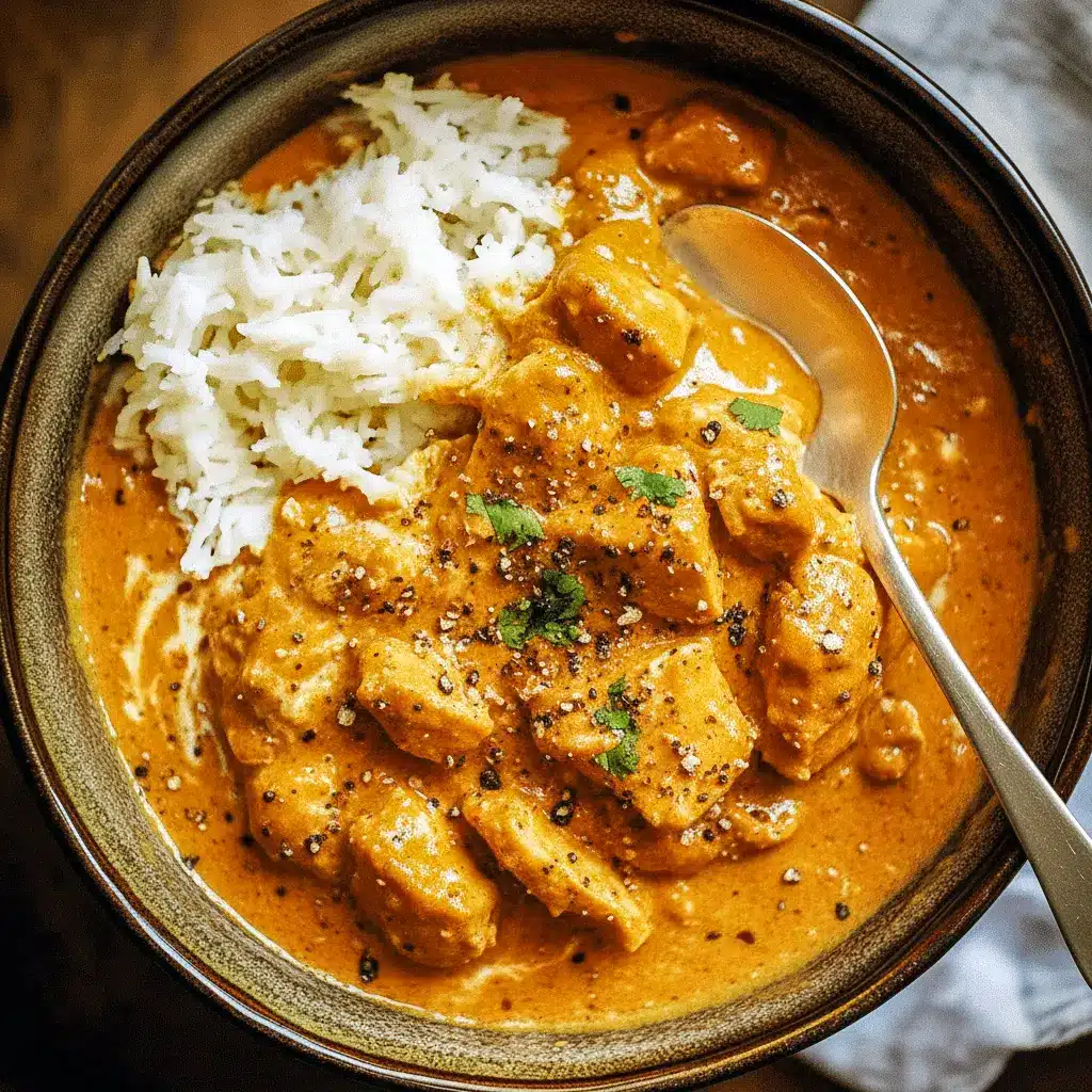 A bowl of creamy Tikka Marsala Chicken simmered in coconut sauce, topped with fresh cilantro and served over rice — the perfect comfort meal from the Tikka Masala Recipe Authentic collection.