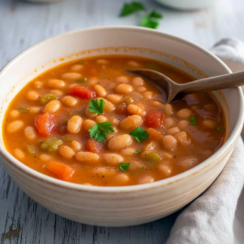 A bowl of Fasolatha, a traditional Greek Vegan Soup made with White Beans, tomatoes, and olive oil, served with rustic bread — a hearty comfort dish from Greek Recipes perfect for Soup And Salad lovers and fans of Здоровое Питание.