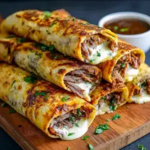 Close-up of golden-brown sliced tortilla rolls stuffed with thinly sliced roast beef and melted cheese, served next to a small bowl of au jus for dipping. Appetizer Recipes