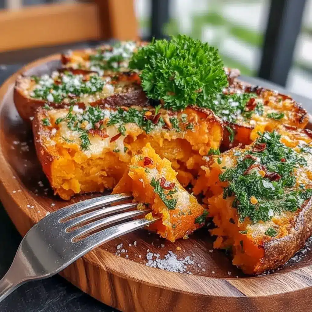 Close-up of golden garlic-Parmesan sweet potato wedges on parchment, a tasty idea for Recipes With Yams, inspired Filled Potato Recipes, pairing Sweet Potatoes And Carrots, or threaded onto Sweet Potato Skewers — clever Ways To Eat Sweet Potatoes, What Goes Good With Sweet Potatoes.