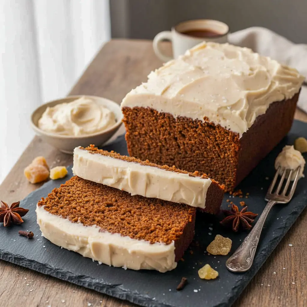 Slice of moist ginger loaf with brown-butter cream cheese frosting on a wooden board, dusted with cinnamon and styled with a small rosemary sprig, Ginger Loaf Bread.