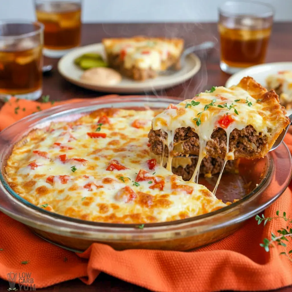 Cheesy baked Gluten Free Cheeseburger Pie in a pie dish with golden melted topping, perfect for low-carb comfort food lovers searching for Carb Free Hamburger Recipes, easy Gluten Free Hamburger Recipes For Dinner, and hearty Gluten Free Recipes With Hamburger Meat or Hamburger Recipes Gluten Free options; includes tender beef filling for delicious Gluten Free Recipes Hamburger Meat meals with all the flavors of a Gluten Free Cheeseburger, ideal as a satisfying Healthy Cheeseburger Pie and family-friendly Thm Hamburger Recipes dinner.