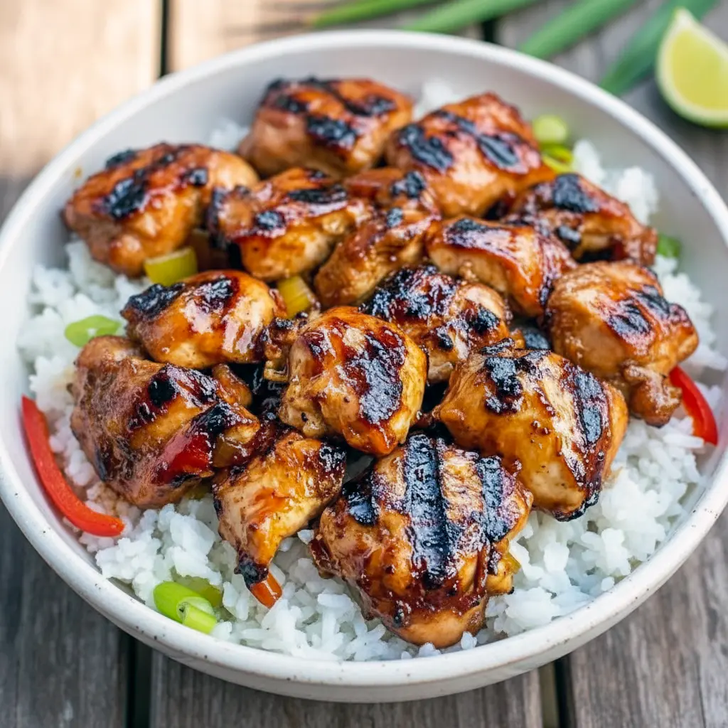 Hawaiian Dishes — grilled Huli Huli chicken thigh glazed with shiny pineapple-soy sauce, sliced and served over white rice with a sprinkle of green onion.