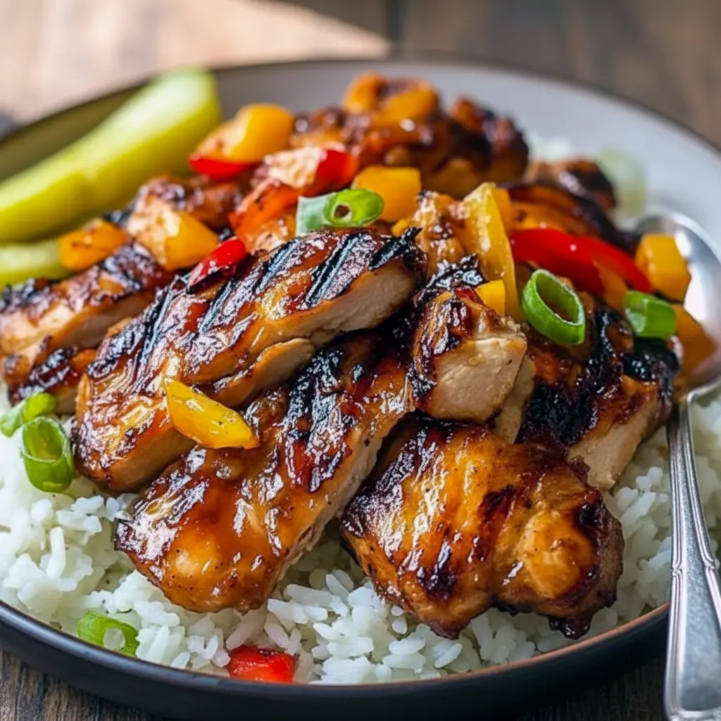 Hawaiian Dishes — grilled Huli Huli chicken thigh glazed with shiny pineapple-soy sauce, sliced and served over white rice with a sprinkle of green onion.