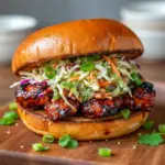 A toasted bun piled high with saucy Korean BBQ chicken, crunchy cabbage slaw, and fresh toppings—an irresistible spin on a Korean Chicken Sandwich with vibrant textures and bold flavor.