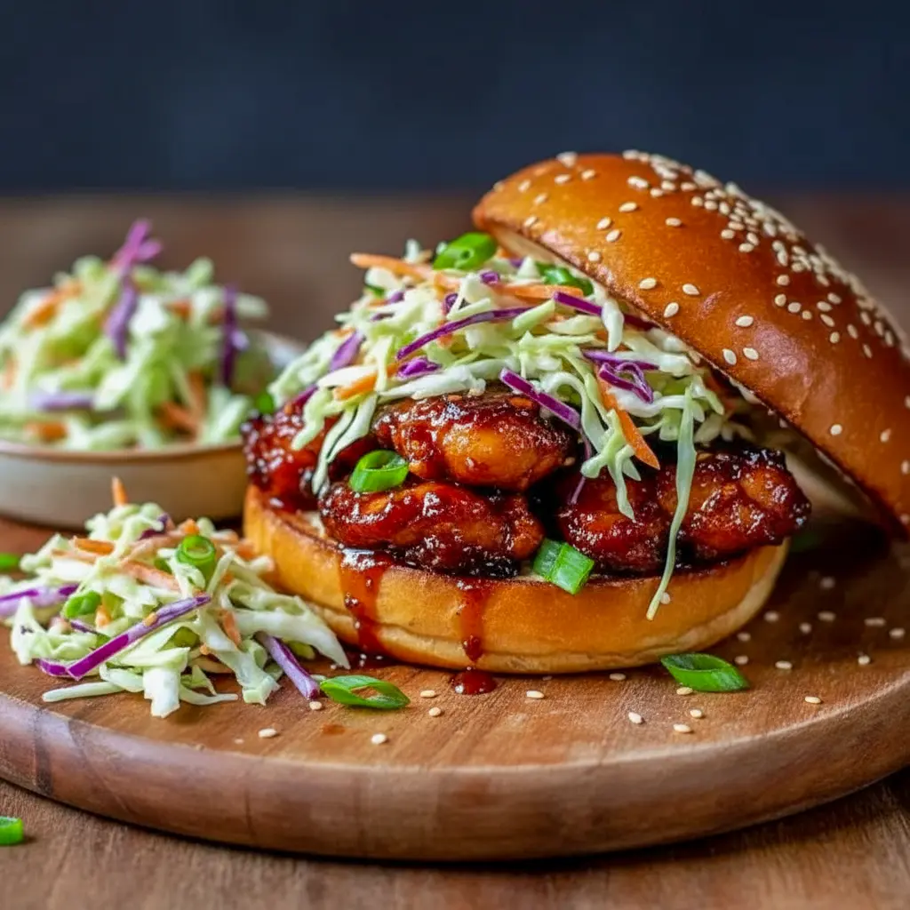 A toasted bun piled high with saucy Korean BBQ chicken, crunchy cabbage slaw, and fresh toppings—an irresistible spin on a Korean Chicken Sandwich with vibrant textures and bold flavor.