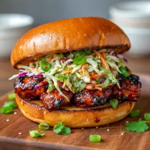A toasted bun piled high with saucy Korean BBQ chicken, crunchy cabbage slaw, and fresh toppings—an irresistible spin on a Korean Chicken Sandwich with vibrant textures and bold flavor.