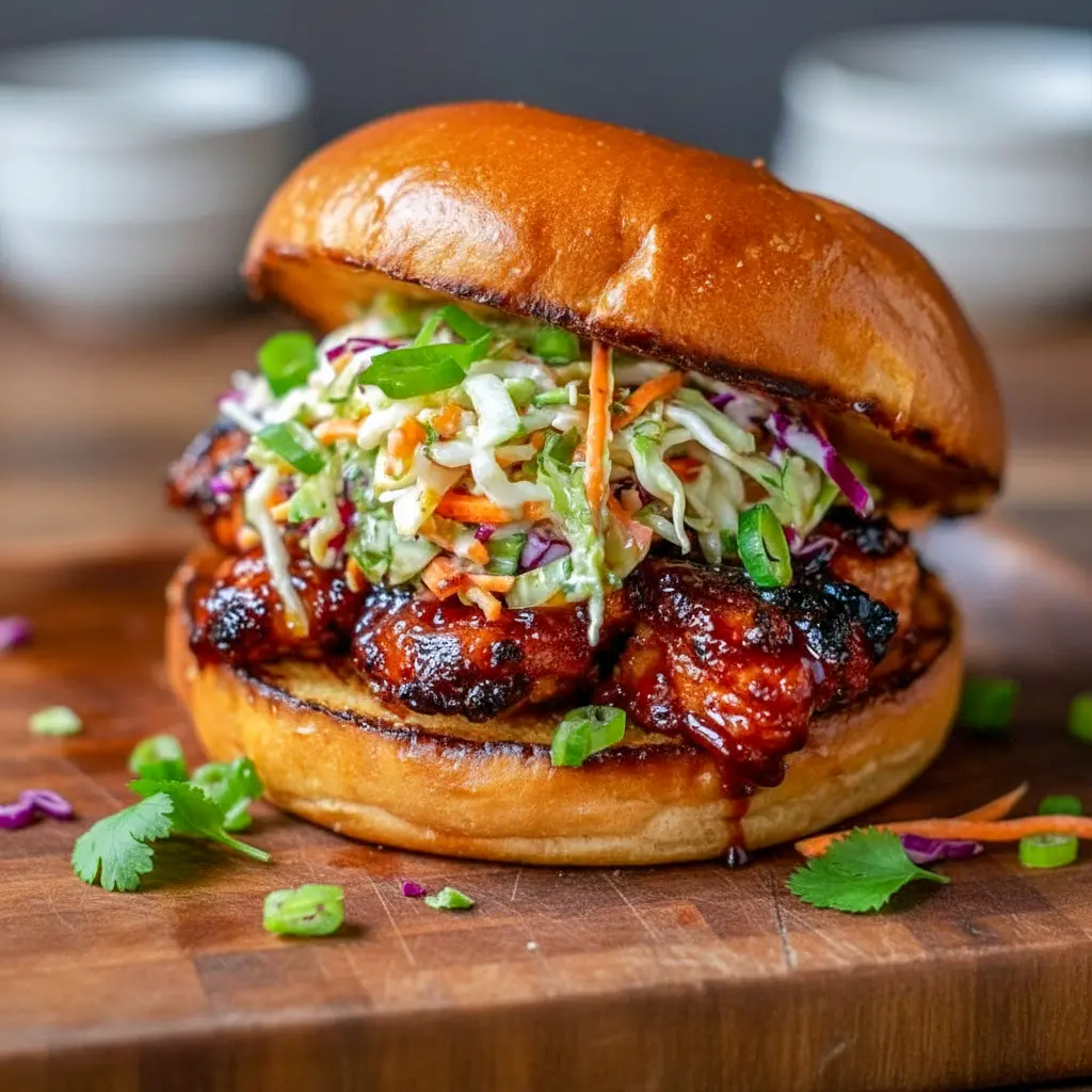 A toasted bun piled high with saucy Korean BBQ chicken, crunchy cabbage slaw, and fresh toppings—an irresistible spin on a Korean Chicken Sandwich with vibrant textures and bold flavor.