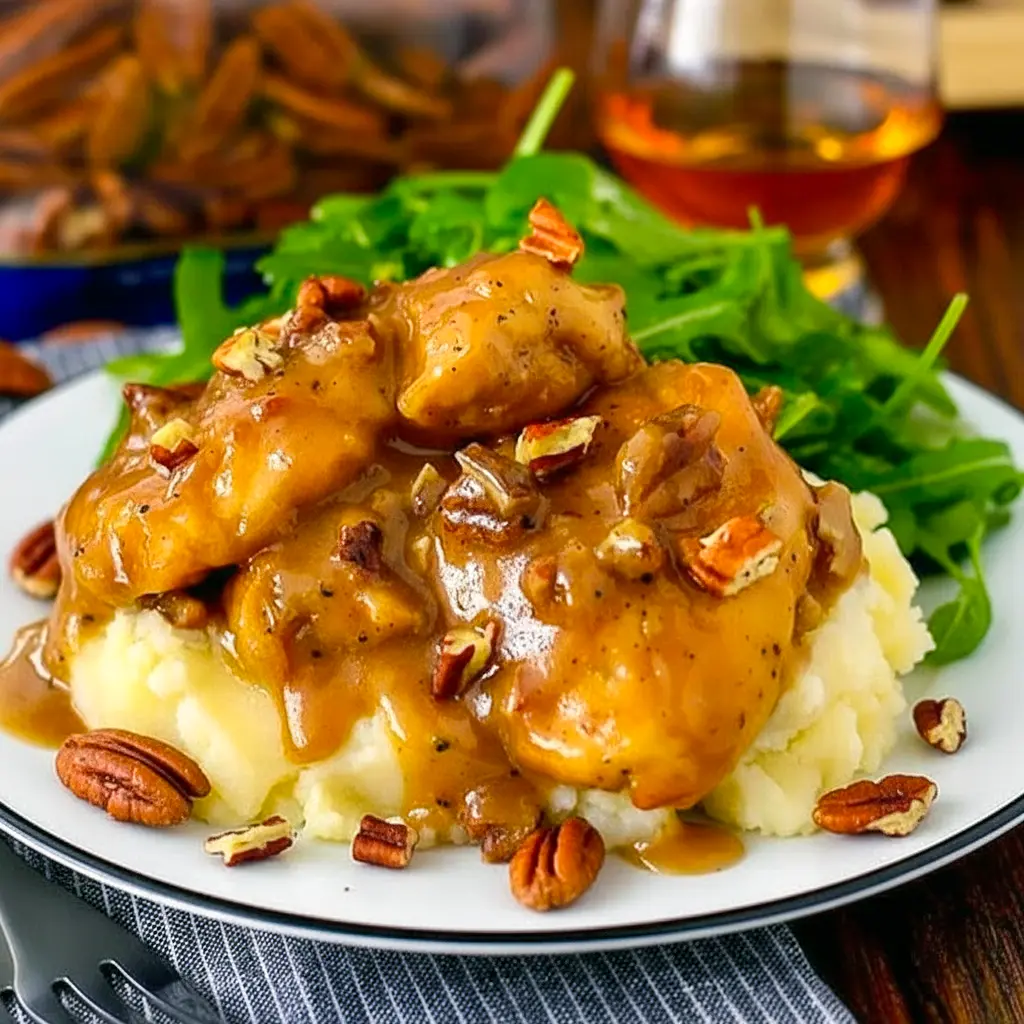 Pecan Chicken on mashed potatoes topped with toasted pecans and glossy sauce.