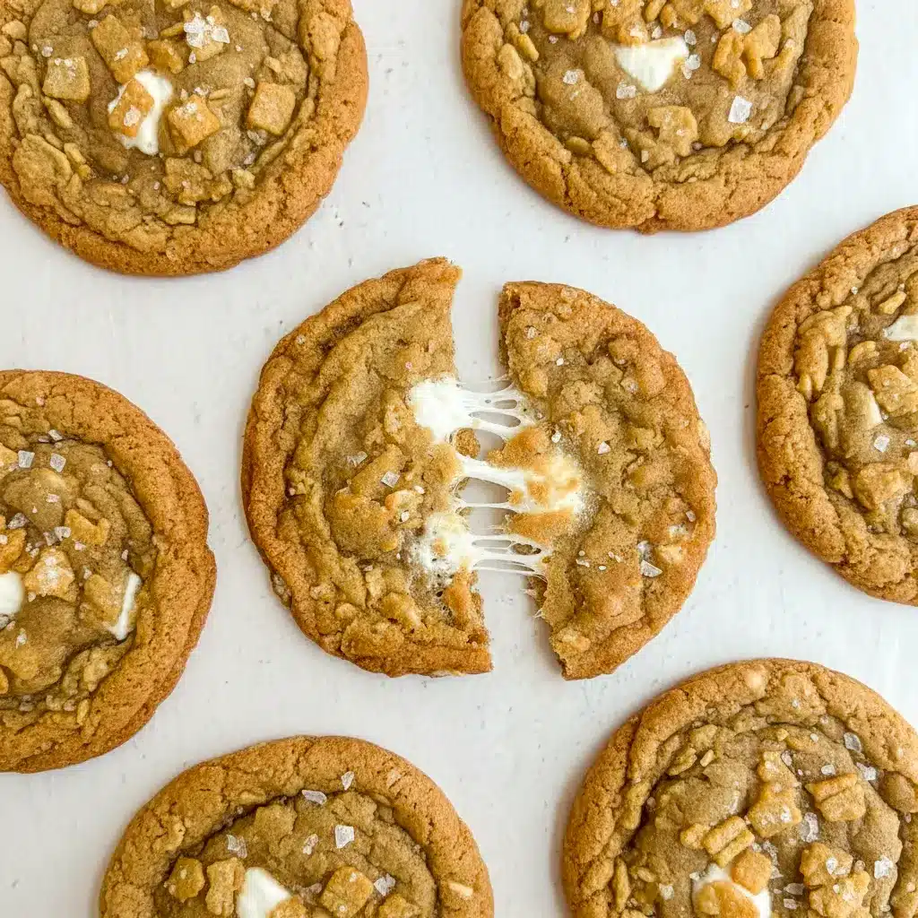 Close-up of golden-brown cookies studded with mini marshmallows and cereal — Crispy Marshmallow Cookies, a simple Marshmellow Cookie Recipe, Marshmallow Cookies Easy, Marshmallow Rice Krispy Cookies.