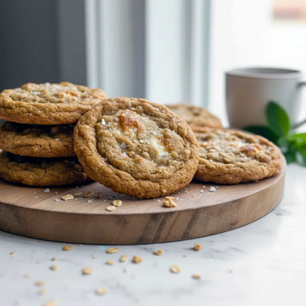 Close-up of golden-brown cookies studded with mini marshmallows and cereal — Crispy Marshmallow Cookies, a simple Marshmellow Cookie Recipe, Marshmallow Cookies Easy, Marshmallow Rice Krispy Cookies.