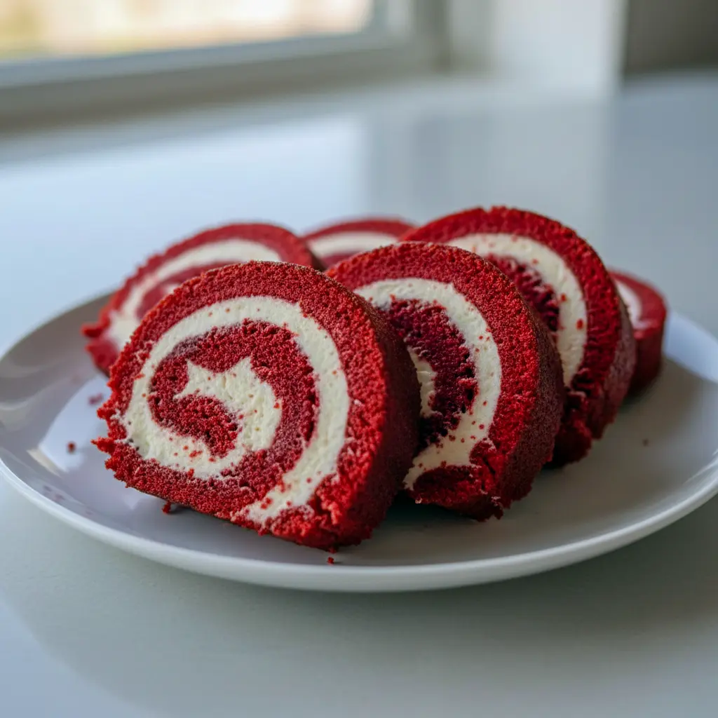 Close-up spiral slice of Red Velvet Rolls showing creamy swirl — decadent Red Velvet Roll slice with glossy red crumb, recipe: Red Velvet Roll Cake Recipe, Moist Red Velvet Cake Roll.