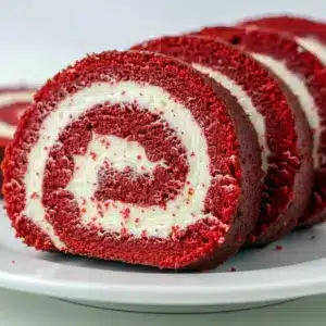 Close-up spiral slice of Red Velvet Rolls showing creamy swirl — decadent Red Velvet Roll slice with glossy red crumb, recipe: Red Velvet Roll Cake Recipe.