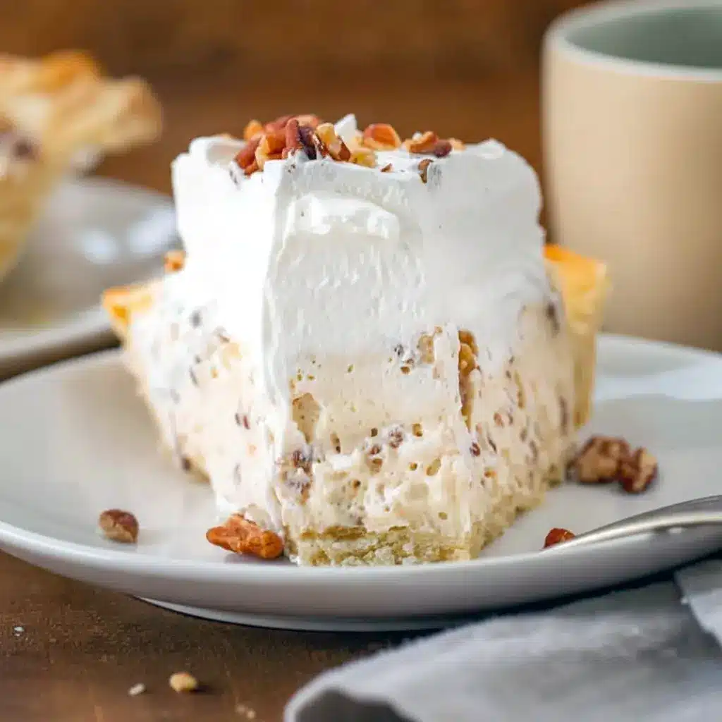 Close-up of a slice topped with whipped cream and toasted pecans: Creamy Pecan Pie Recipe on a flaky crust, shot from the side to show layers — the ultimate Pecan Cream Pie Recipe for festive gatherings.
