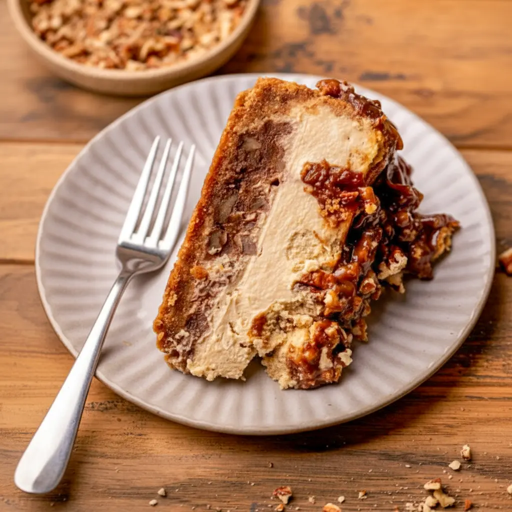A slice of pecan pie cheesecake on a white plate — graham cracker crust, swirled pecan filling, and glossy pecan topping, Best Pie Recipe.